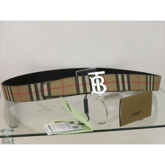 $580 BURBERRY TB 35 BEIGE CHECK BLACK LEATHER REVERSIBLE LOGO BUCKLE BELT 95 38 - Picture 12 of 13